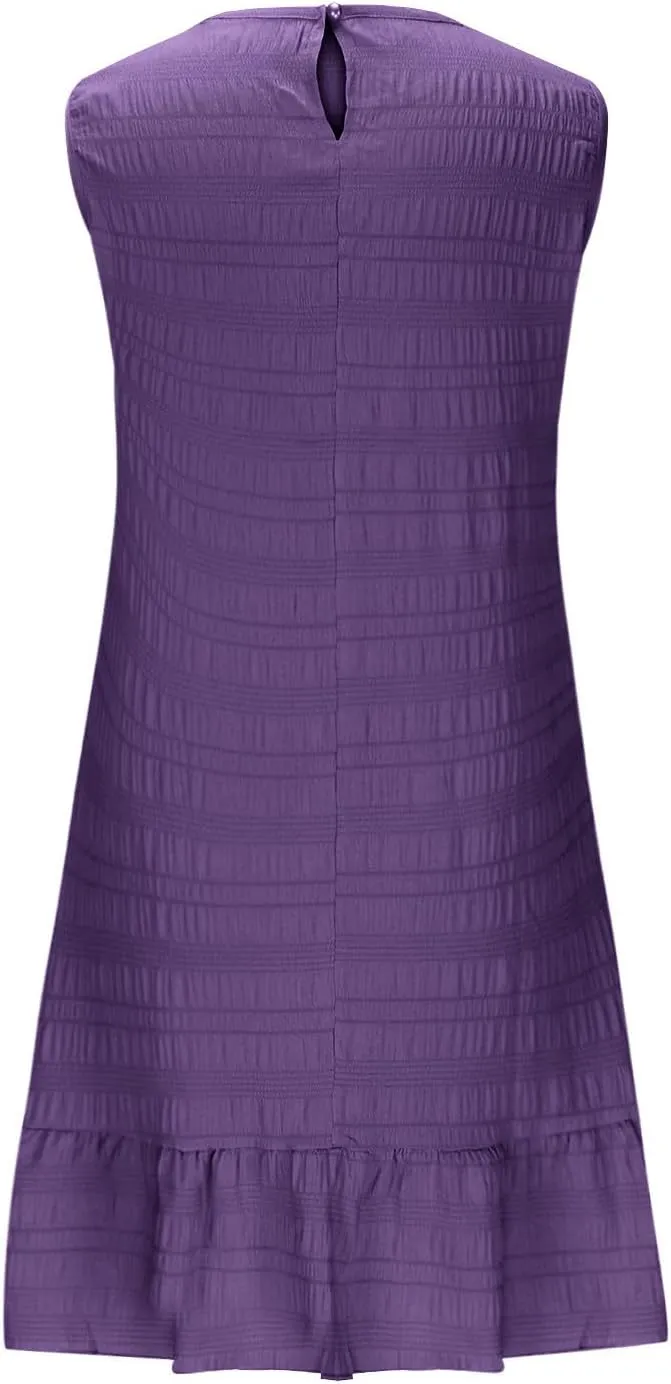 Lmdudan 2025 Summer Dress for Women Ruffle Hem Swing Mini Dress Sleeveless Tank Dresses Round Neck Casual Smock Sundress