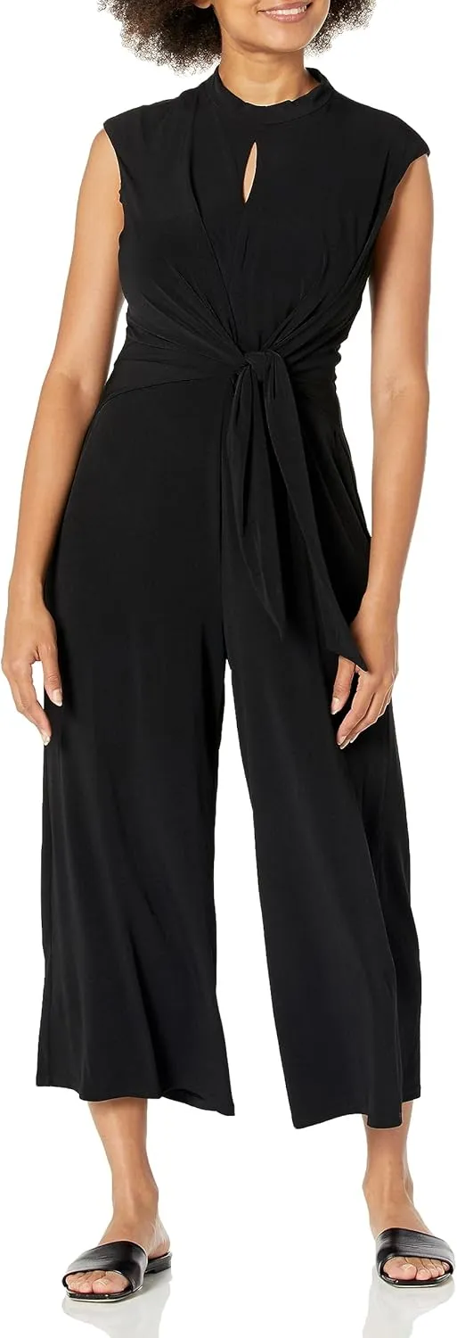London Times Women's Mock Neck Keyhole Side Tie Cropped Jumpsuit, Black