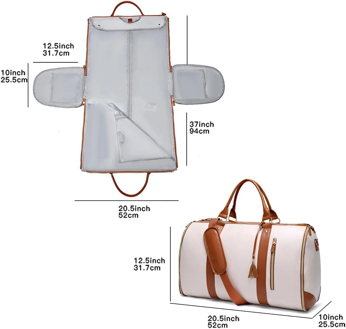Lux Mega Travel Bag Carry On, 2025 Scazu Garment Duffle Bag, 2 in 1 Convertible Large PU Leather Waterproof Duffle Bag (White)