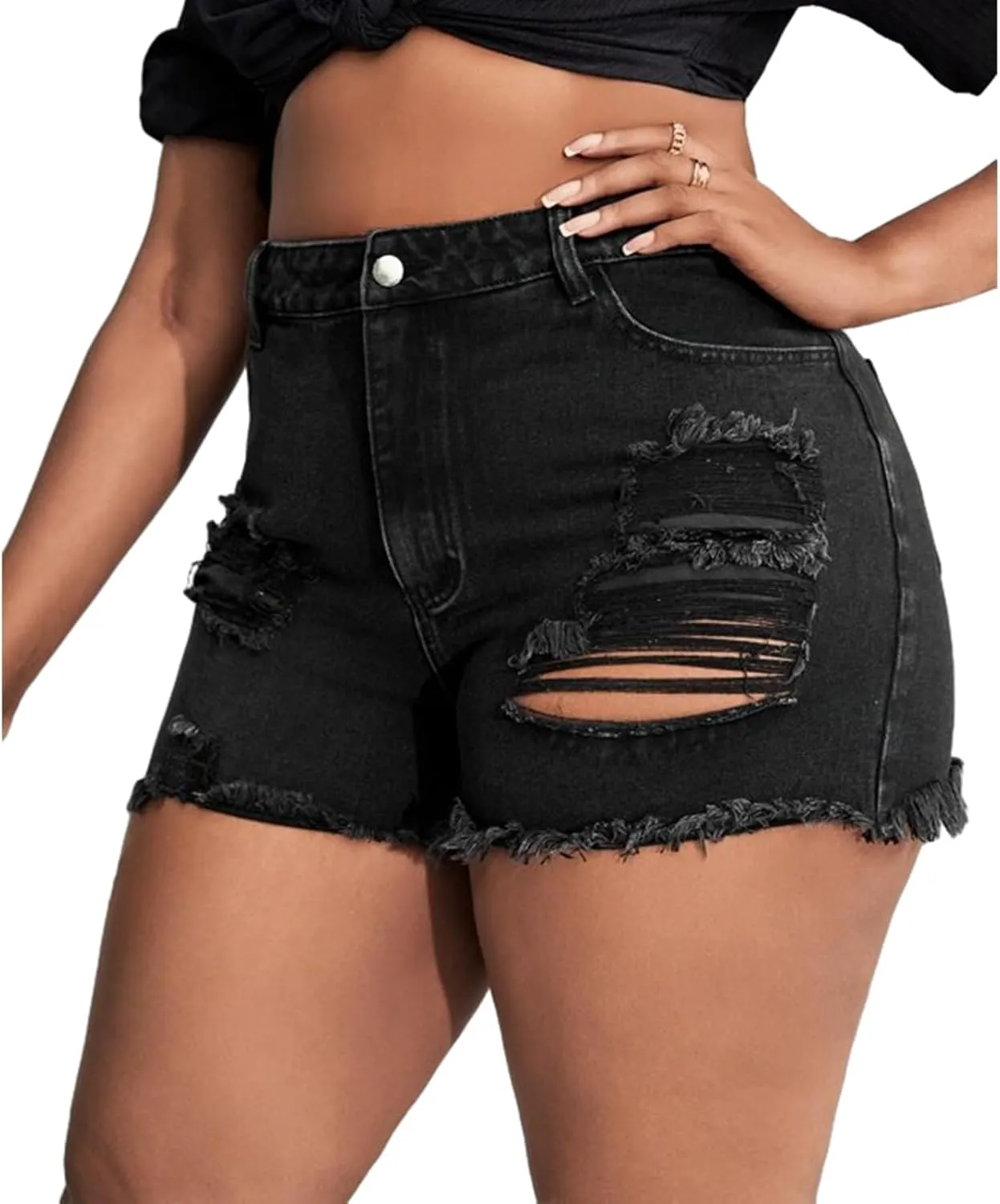MapleHub Plus Size Women's Ripped Denim Jean Shorts High Waisted Stretchy Folded Hem Short Jeans