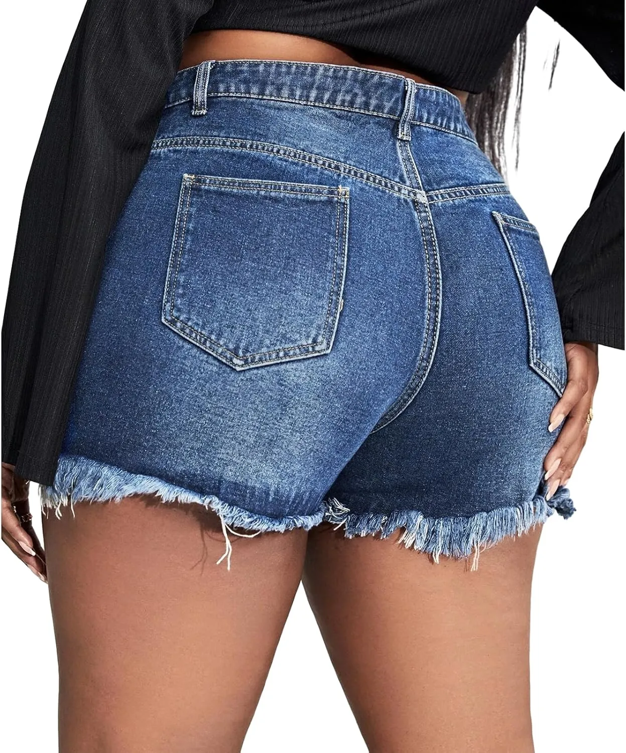 MapleHub Plus Size Women's Ripped Denim Jean Shorts High Waisted Stretchy Folded Hem Short Jeans