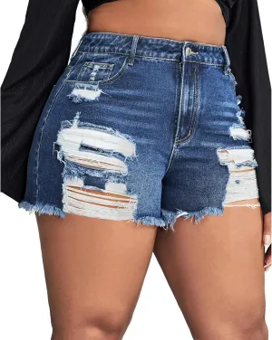 MapleHub Plus Size Women's Ripped Denim Jean Shorts High Waisted Stretchy Folded Hem Short Jeans