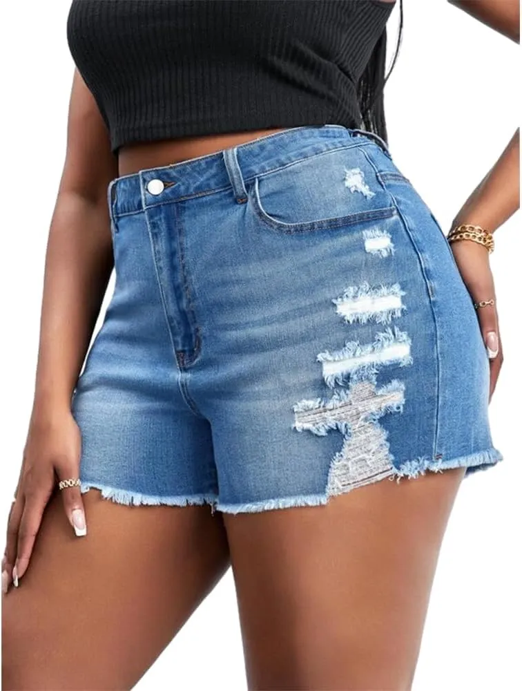 MapleHub Plus Size Women's Ripped Denim Jean Shorts High Waisted Stretchy Folded Hem Short Jeans
