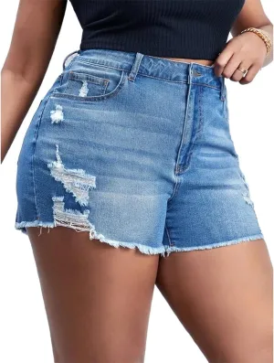 MapleHub Plus Size Women's Ripped Denim Jean Shorts High Waisted Stretchy Folded Hem Short Jeans