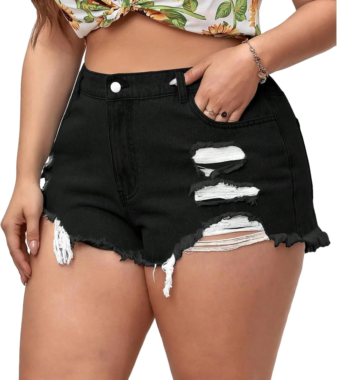 MapleHub Plus Size Women's Ripped Denim Jean Shorts High Waisted Stretchy Folded Hem Short Jeans