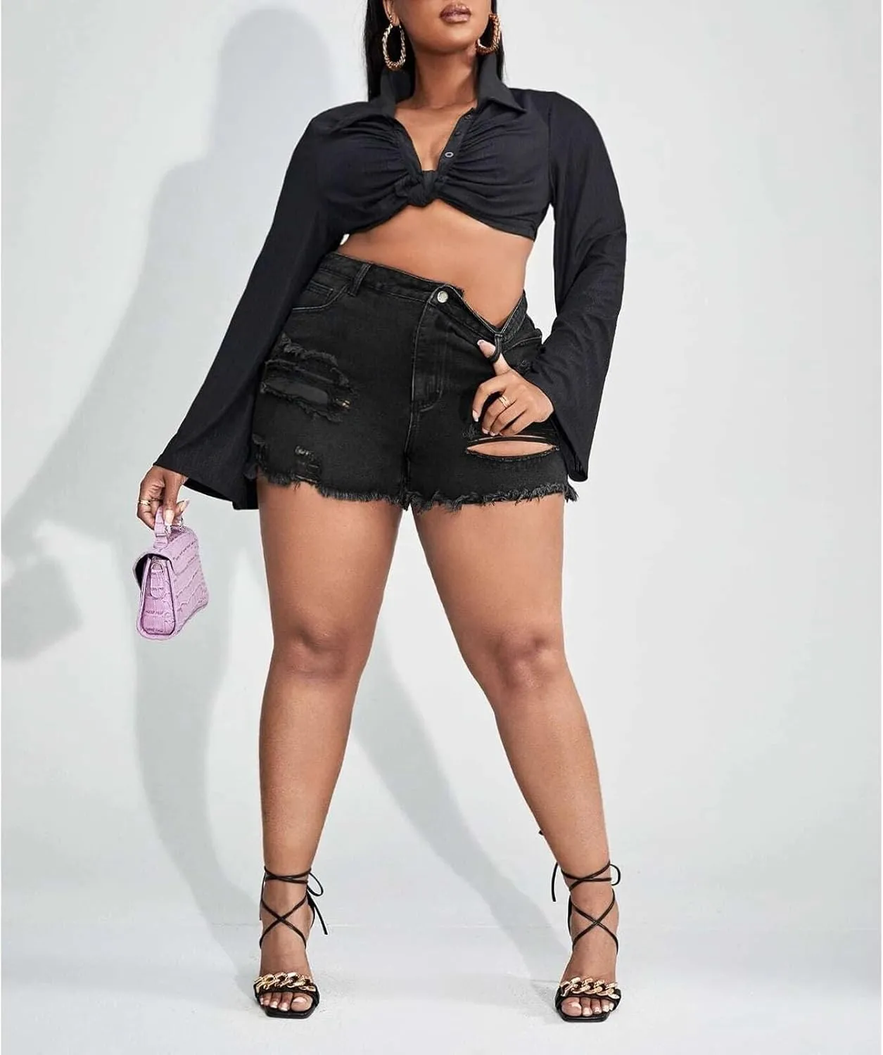 MapleHub Plus Size Women's Ripped Denim Jean Shorts High Waisted Stretchy Folded Hem Short Jeans