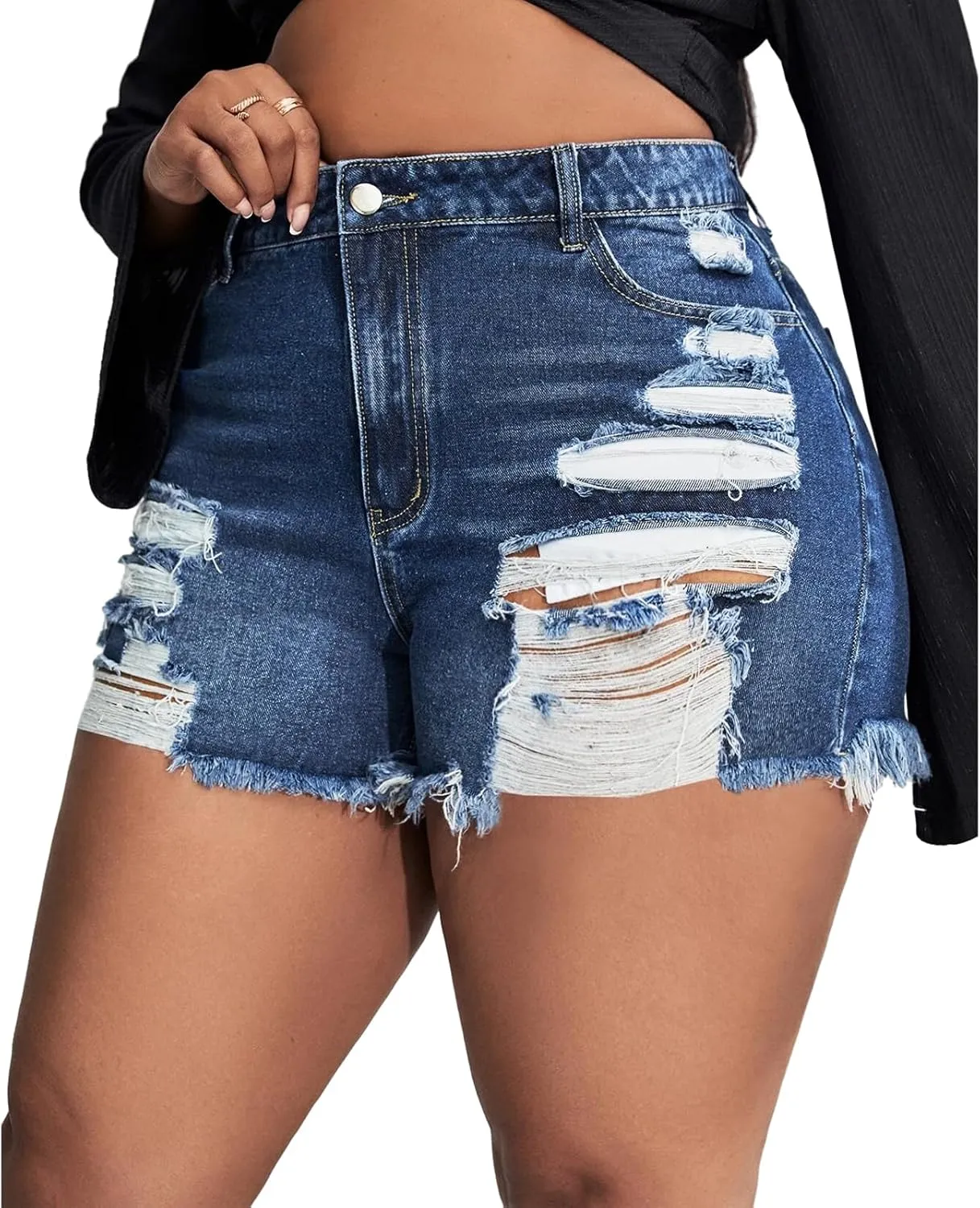 MapleHub Plus Size Women's Ripped Denim Jean Shorts High Waisted Stretchy Folded Hem Short Jeans