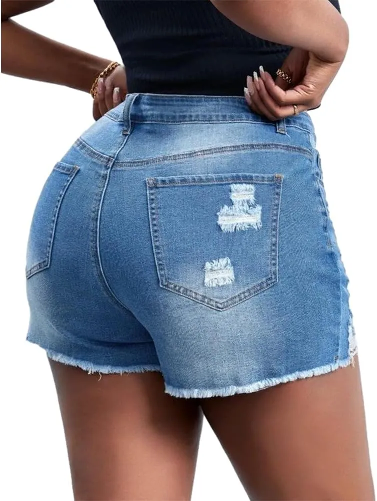 MapleHub Plus Size Women's Ripped Denim Jean Shorts High Waisted Stretchy Folded Hem Short Jeans