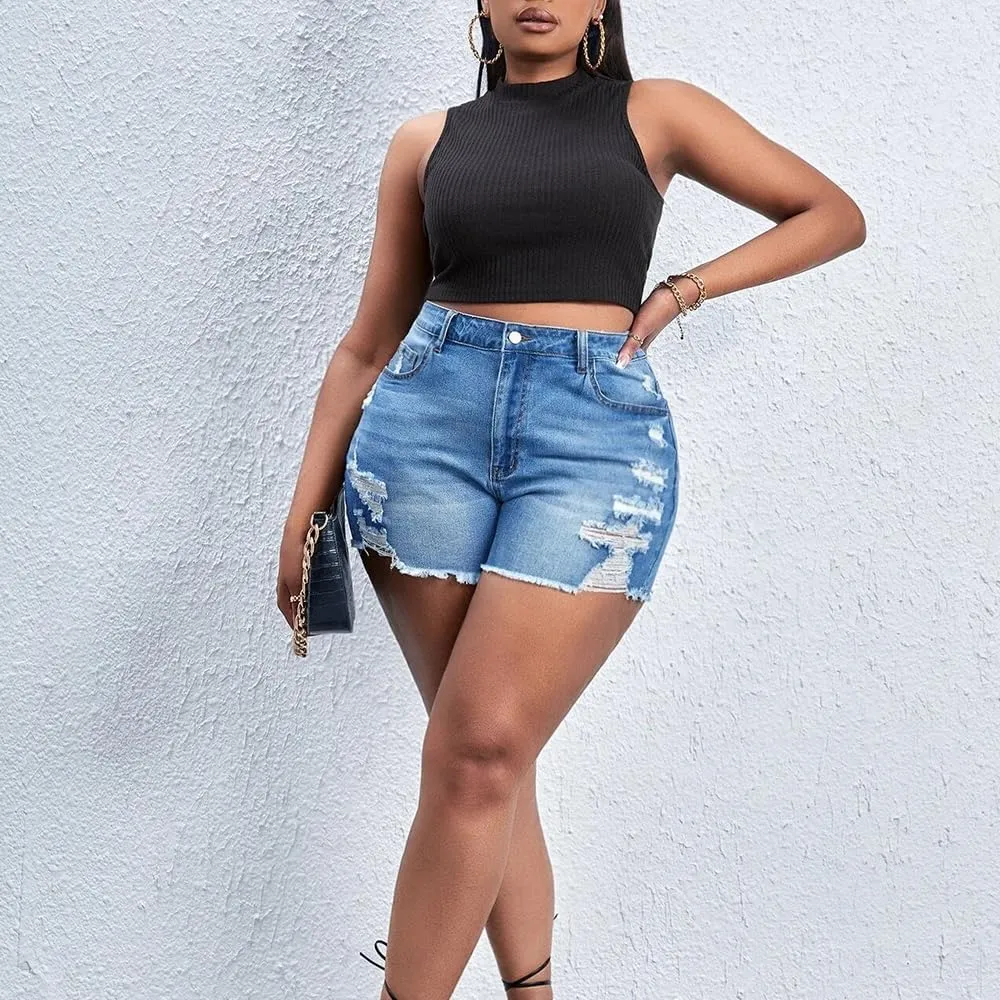 MapleHub Plus Size Women's Ripped Denim Jean Shorts High Waisted Stretchy Folded Hem Short Jeans