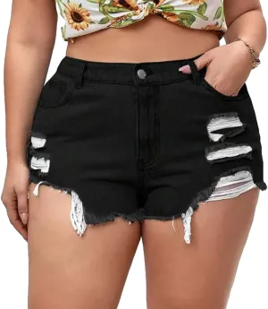MapleHub Plus Size Women's Ripped Denim Jean Shorts High Waisted Stretchy Folded Hem Short Jeans