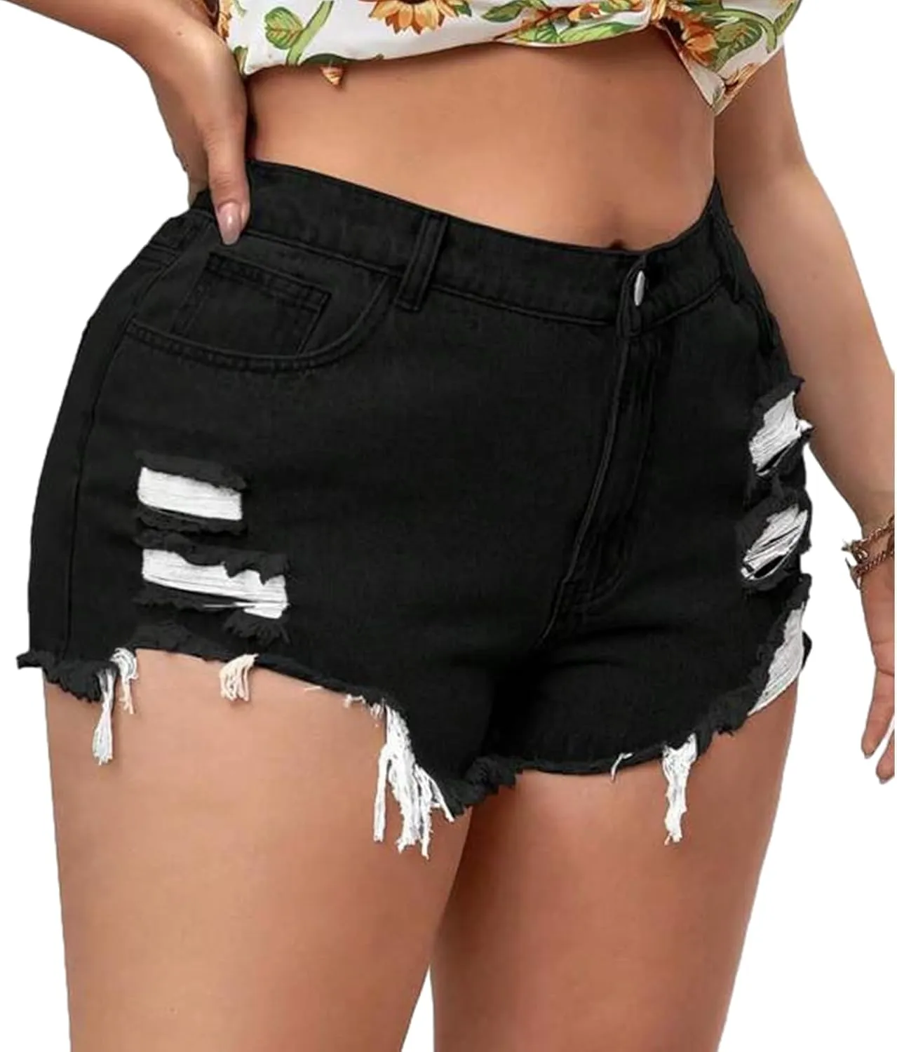 MapleHub Plus Size Women's Ripped Denim Jean Shorts High Waisted Stretchy Folded Hem Short Jeans