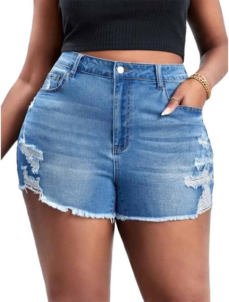MapleHub Plus Size Women's Ripped Denim Jean Shorts High Waisted Stretchy Folded Hem Short Jeans