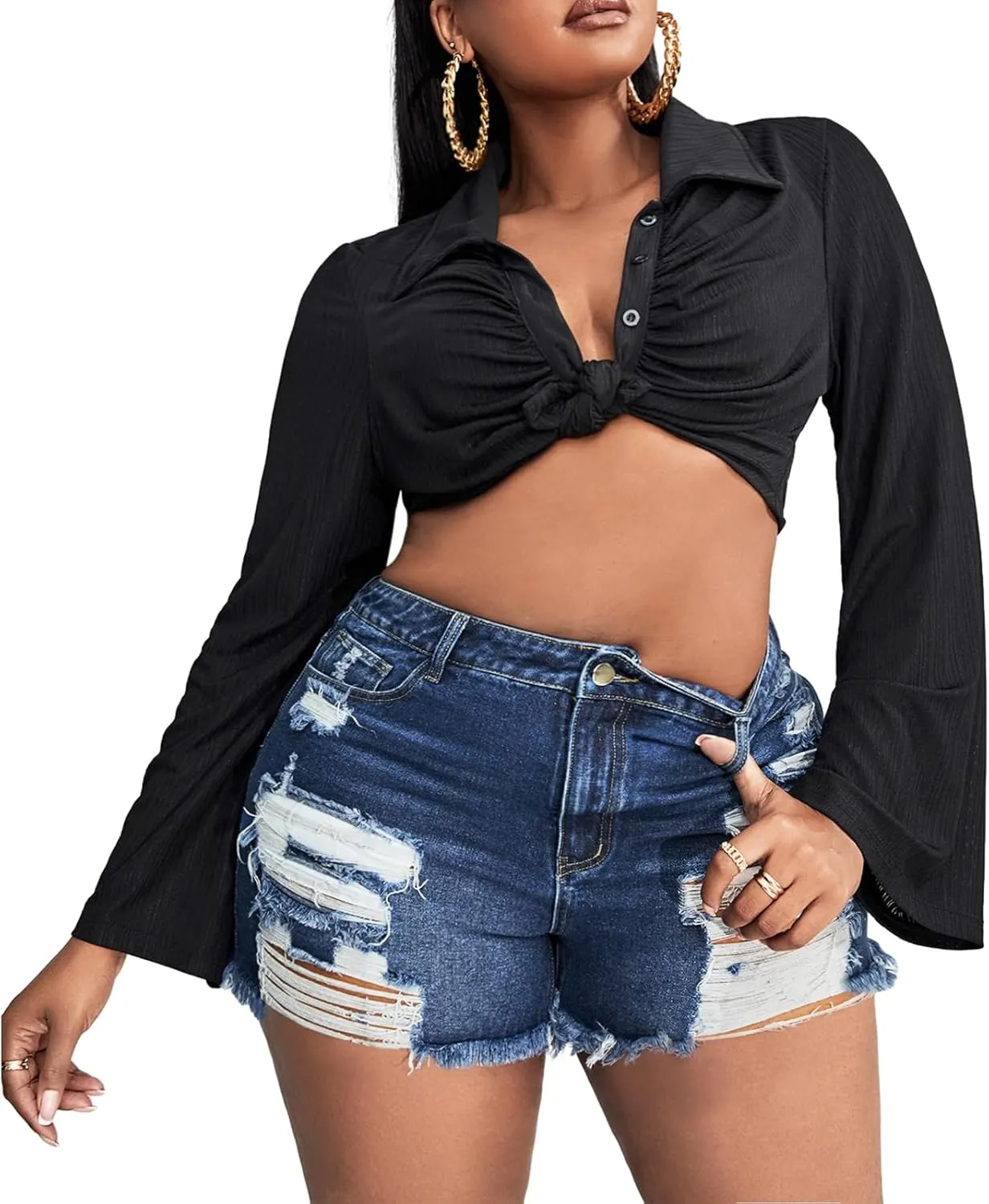 MapleHub Plus Size Women's Ripped Denim Jean Shorts High Waisted Stretchy Folded Hem Short Jeans