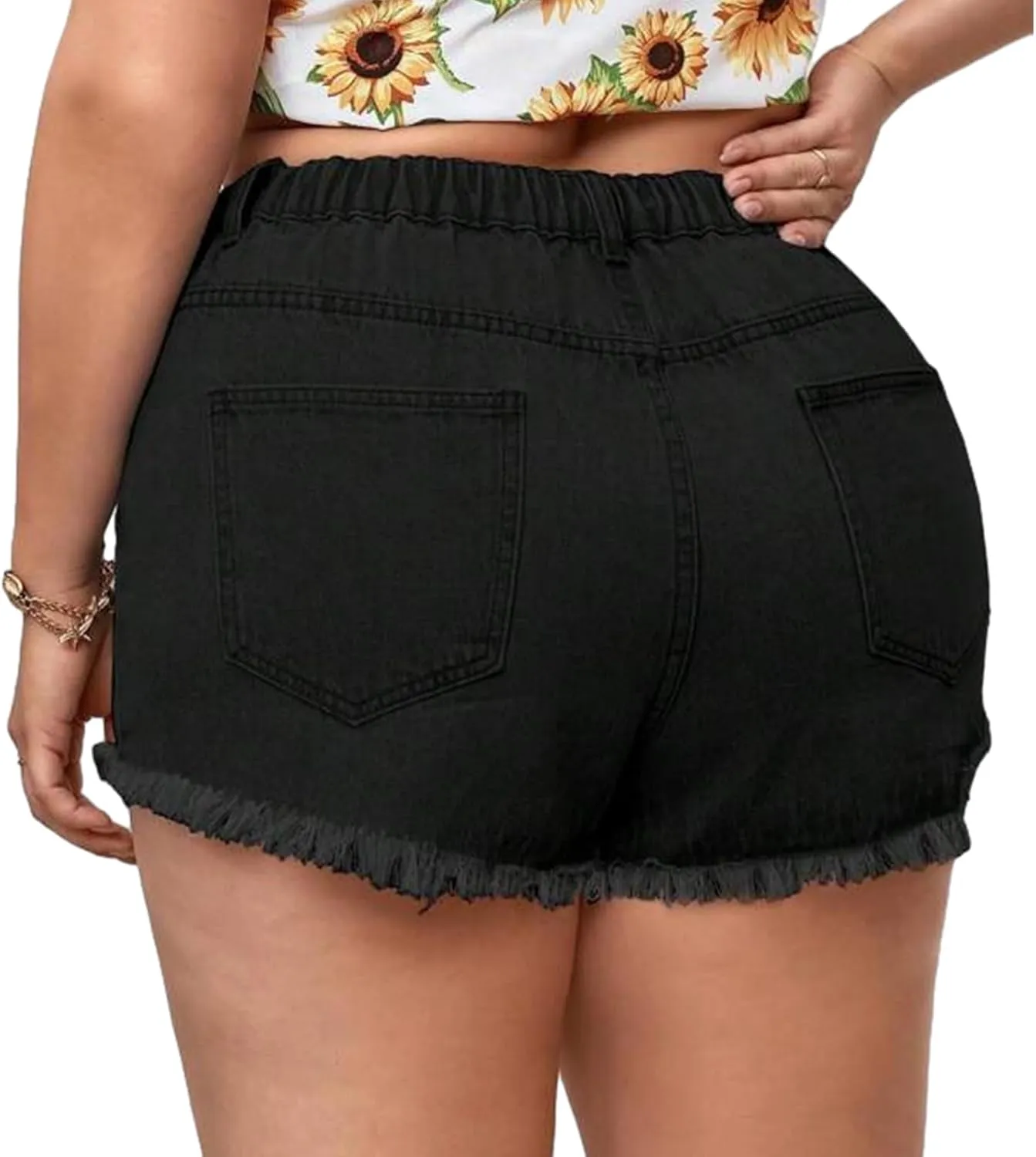MapleHub Plus Size Women's Ripped Denim Jean Shorts High Waisted Stretchy Folded Hem Short Jeans