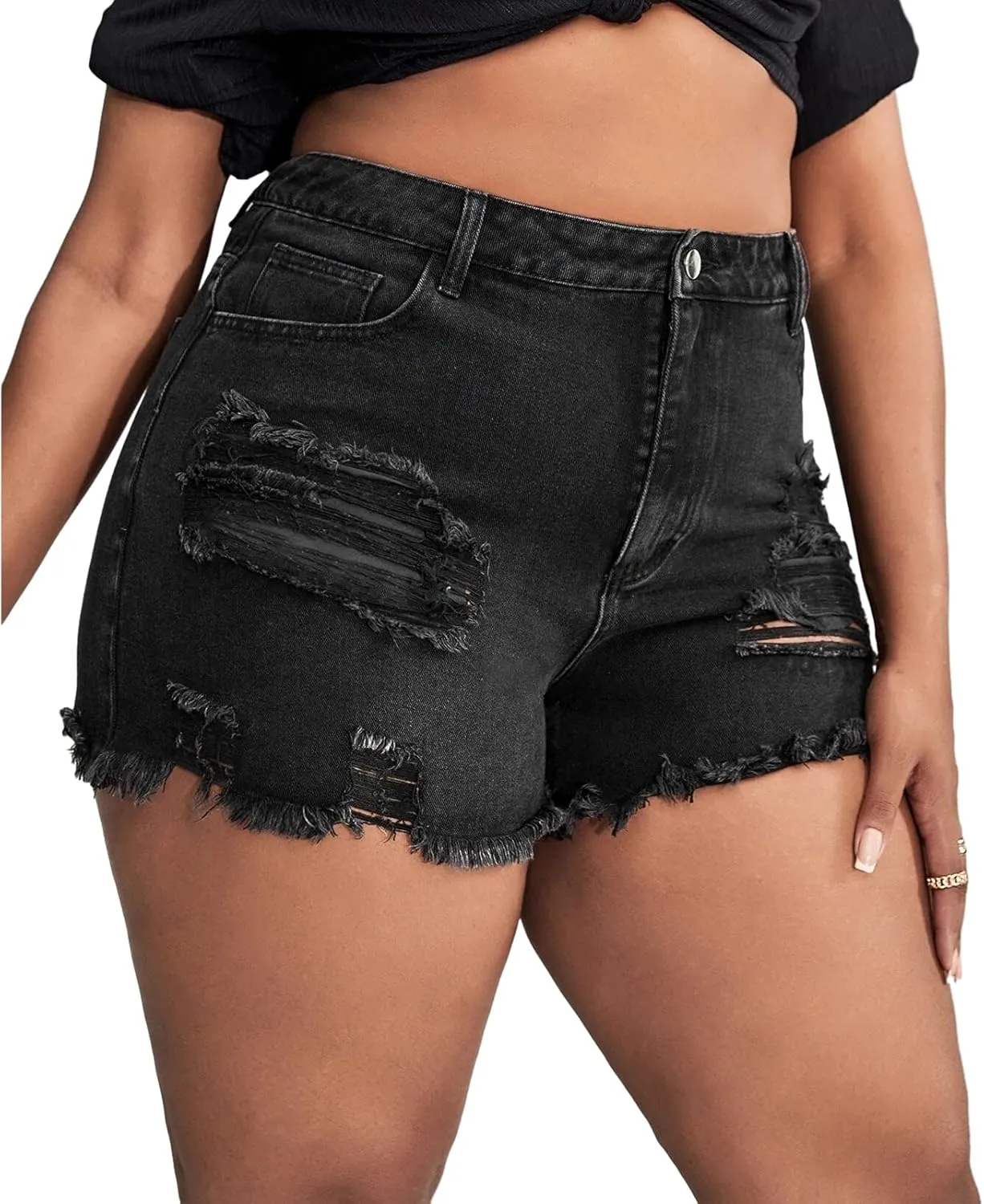 MapleHub Plus Size Women's Ripped Denim Jean Shorts High Waisted Stretchy Folded Hem Short Jeans