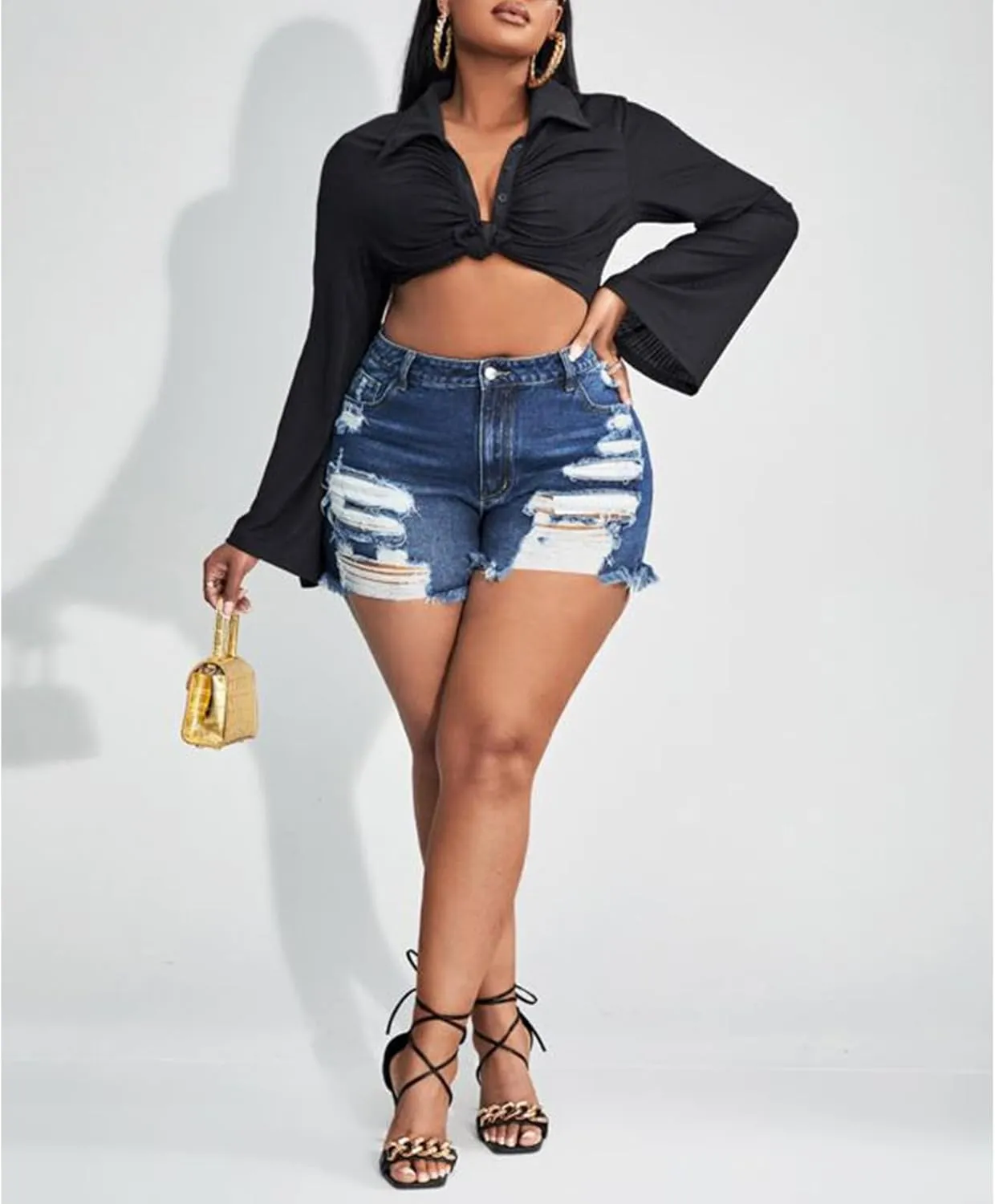 MapleHub Plus Size Women's Ripped Denim Jean Shorts High Waisted Stretchy Folded Hem Short Jeans