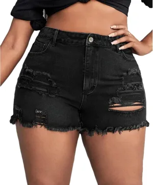 MapleHub Plus Size Women's Ripped Denim Jean Shorts High Waisted Stretchy Folded Hem Short Jeans