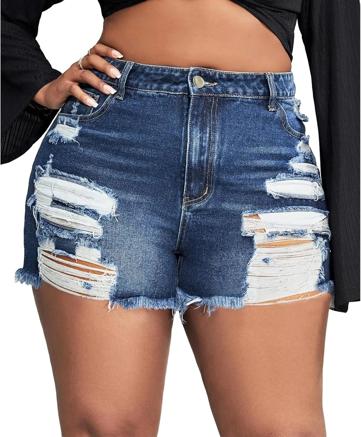 MapleHub Plus Size Women's Ripped Denim Jean Shorts High Waisted Stretchy Folded Hem Short Jeans