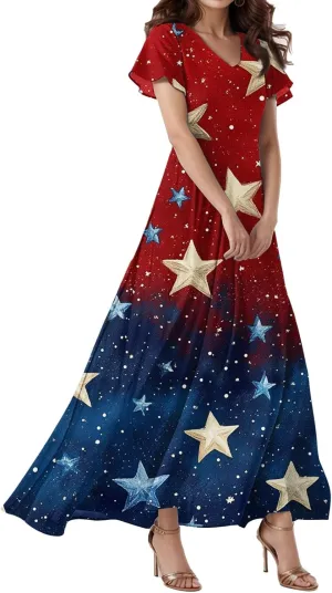 Maxi Dresses for Womem 2025 Casual Summer Short Sleeve 4th of July Dress Flowy Patriotic American Flag Dresses
