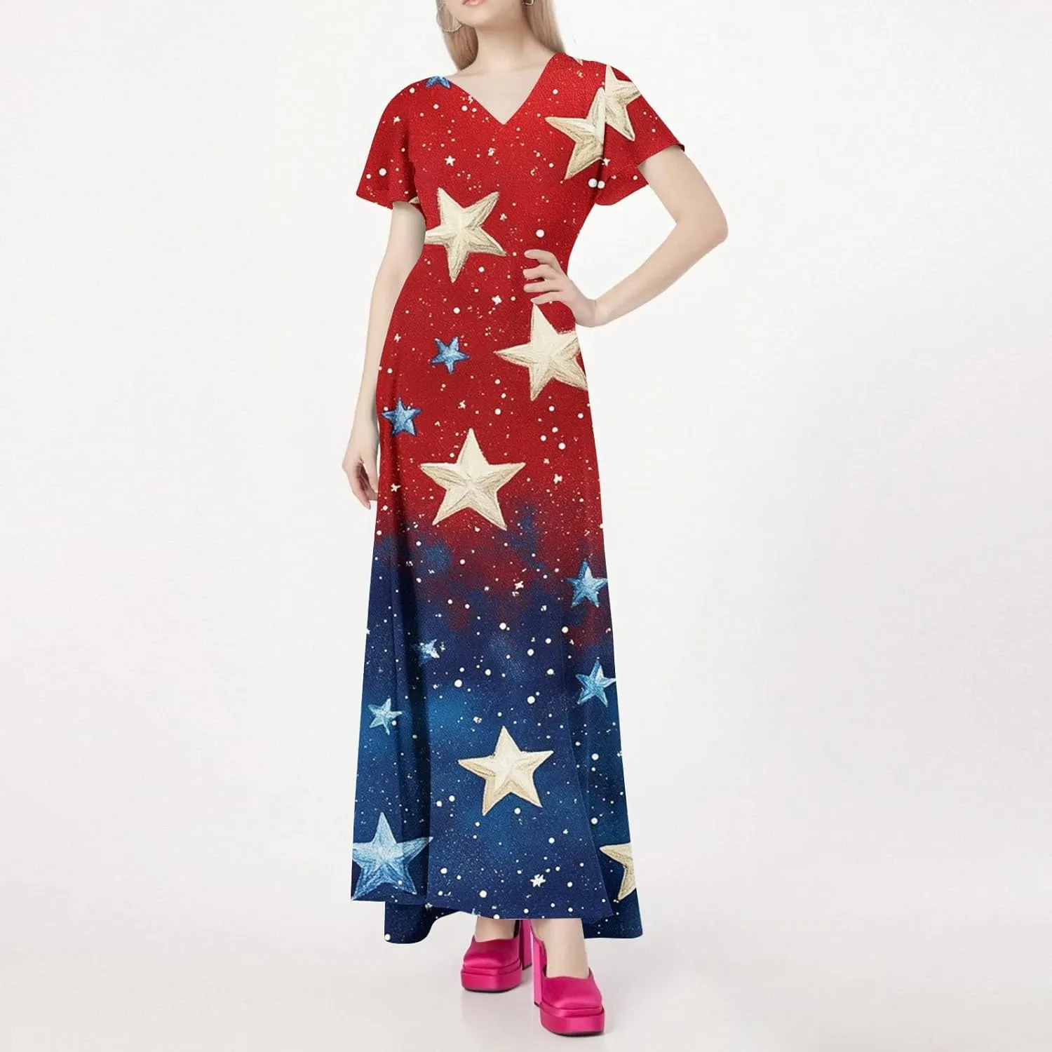 Maxi Dresses for Womem 2025 Casual Summer Short Sleeve 4th of July Dress Flowy Patriotic American Flag Dresses