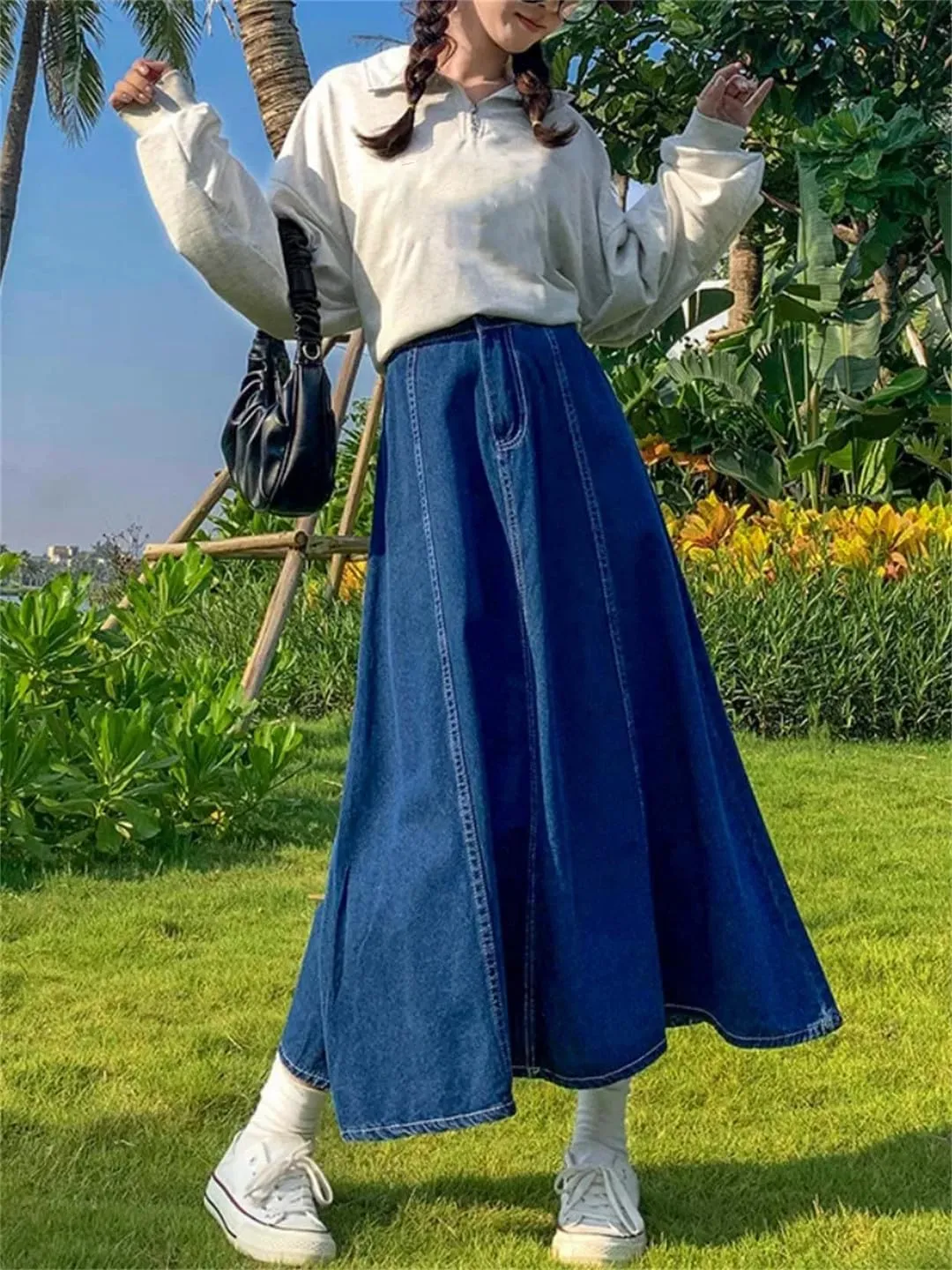 Maxi Long Skirts Women Casual High Waisted Jean Skirt Ladies Splicing A-Line Ruffle Denim Skirt