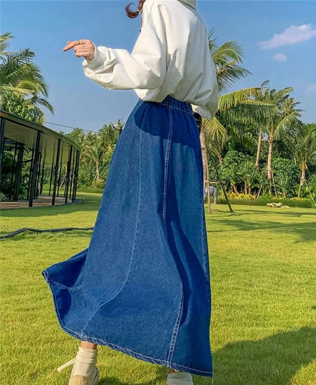 Maxi Long Skirts Women Casual High Waisted Jean Skirt Ladies Splicing A-Line Ruffle Denim Skirt