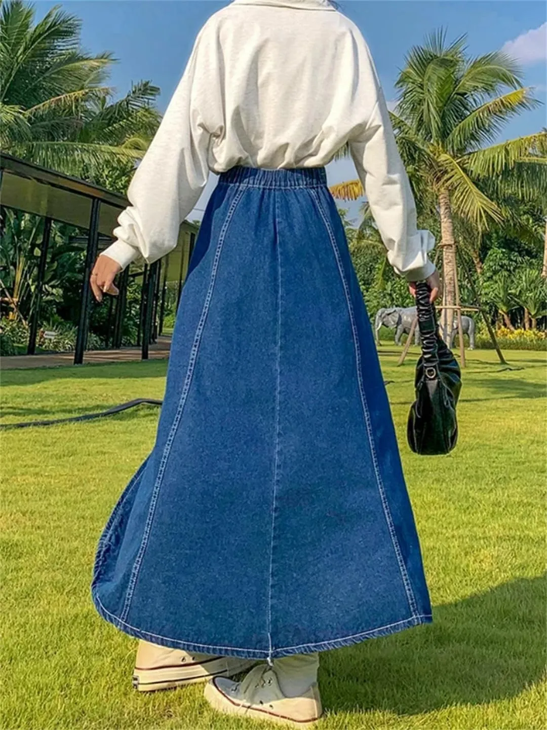 Maxi Long Skirts Women Casual High Waisted Jean Skirt Ladies Splicing A-Line Ruffle Denim Skirt