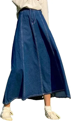 Maxi Long Skirts Women Casual High Waisted Jean Skirt Ladies Splicing A-Line Ruffle Denim Skirt