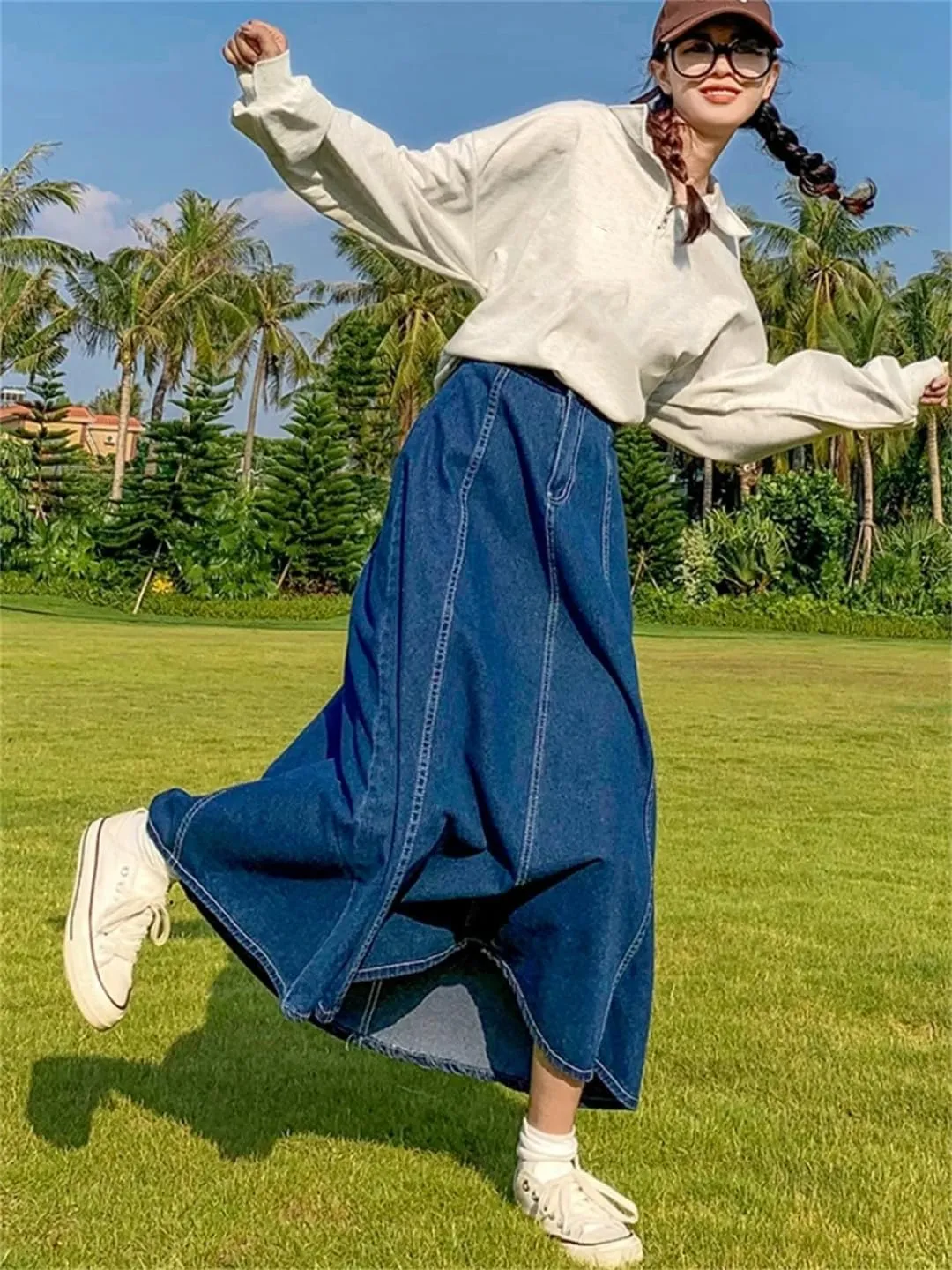 Maxi Long Skirts Women Casual High Waisted Jean Skirt Ladies Splicing A-Line Ruffle Denim Skirt