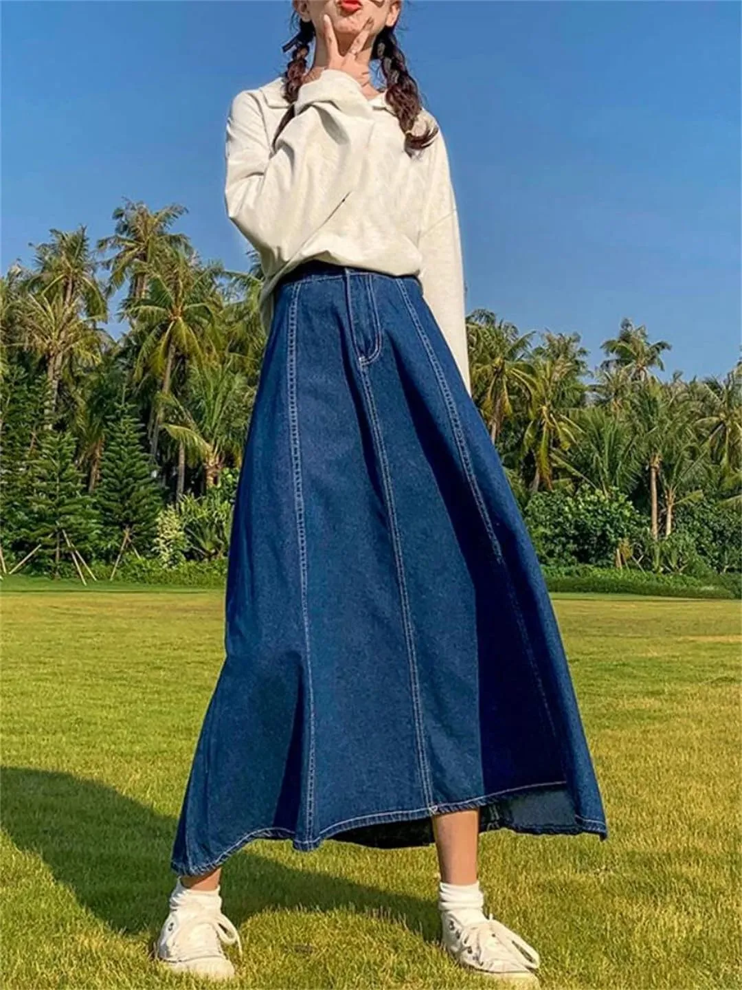 Maxi Long Skirts Women Casual High Waisted Jean Skirt Ladies Splicing A-Line Ruffle Denim Skirt