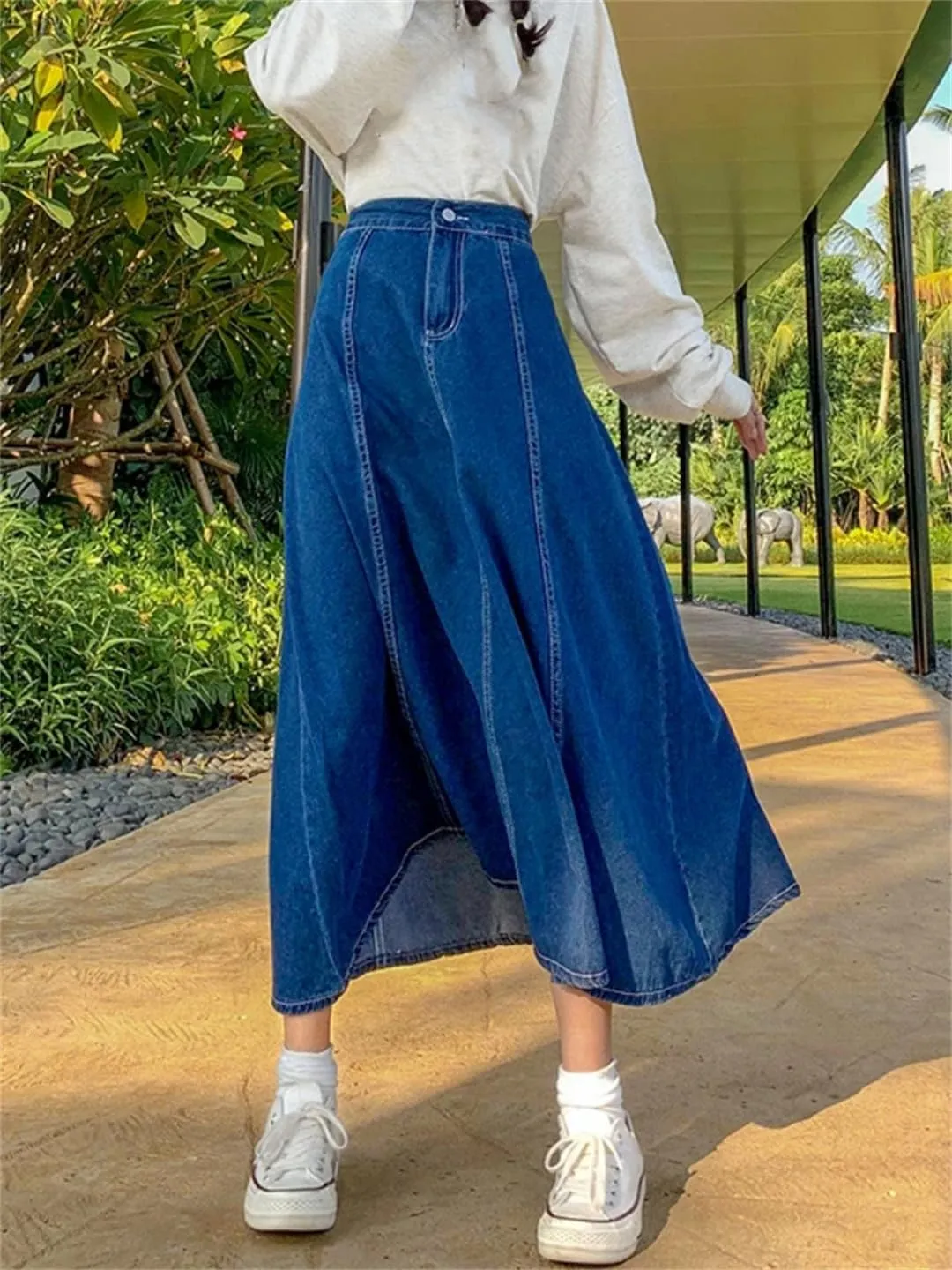 Maxi Long Skirts Women Casual High Waisted Jean Skirt Ladies Splicing A-Line Ruffle Denim Skirt