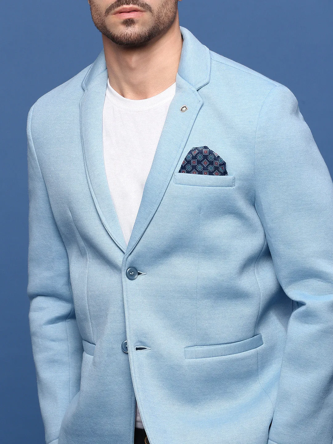 Men Blue Slim Fit Single Breasted Cotton Blazer