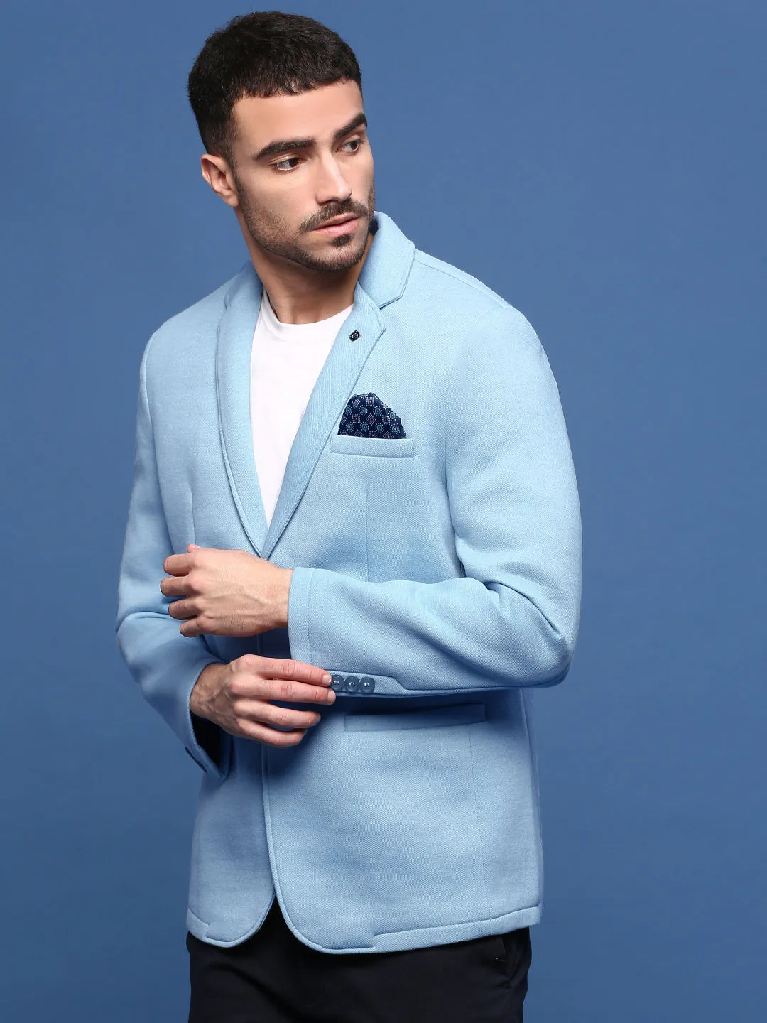 Men Blue Slim Fit Single Breasted Cotton Blazer