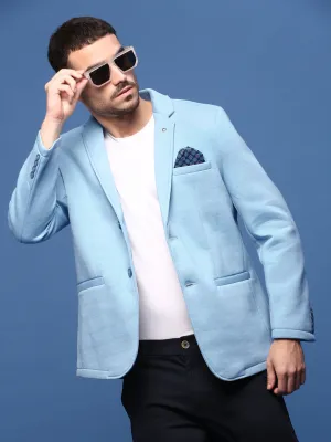 Men Blue Slim Fit Single Breasted Cotton Blazer