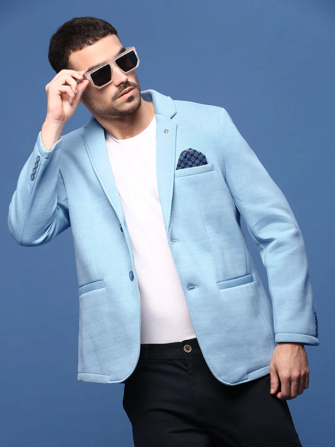 Men Blue Slim Fit Single Breasted Cotton Blazer