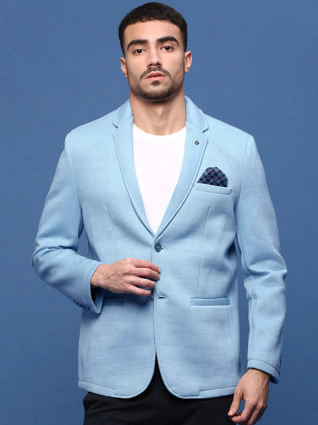 Men Blue Slim Fit Single Breasted Cotton Blazer