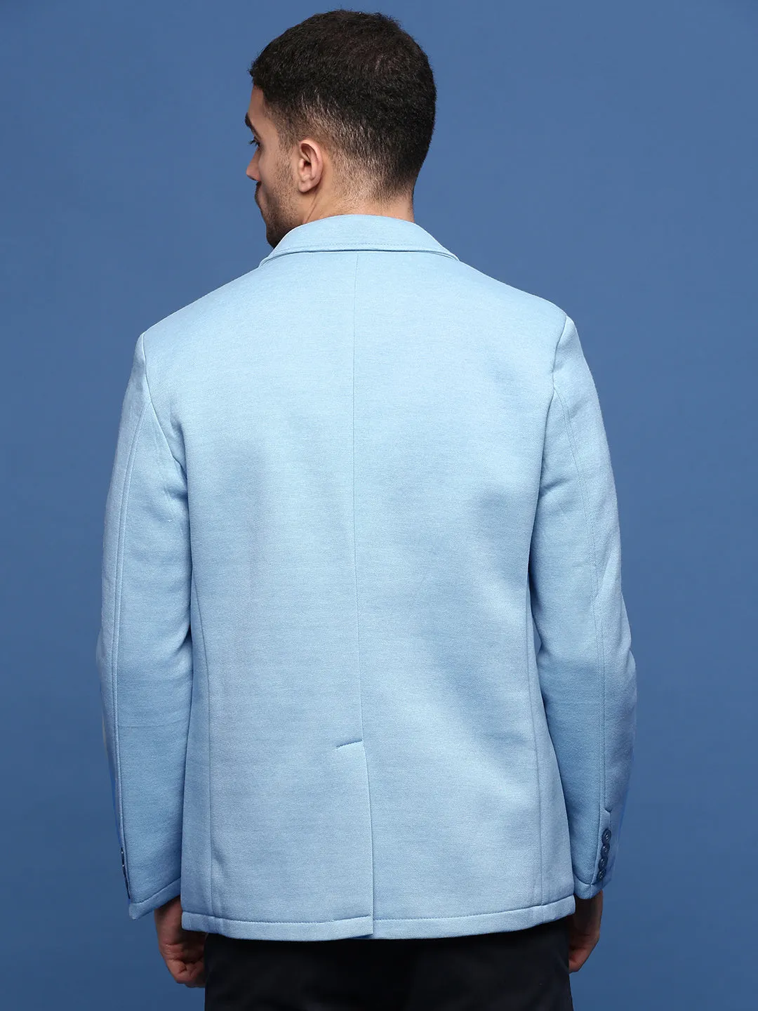 Men Blue Slim Fit Single Breasted Cotton Blazer