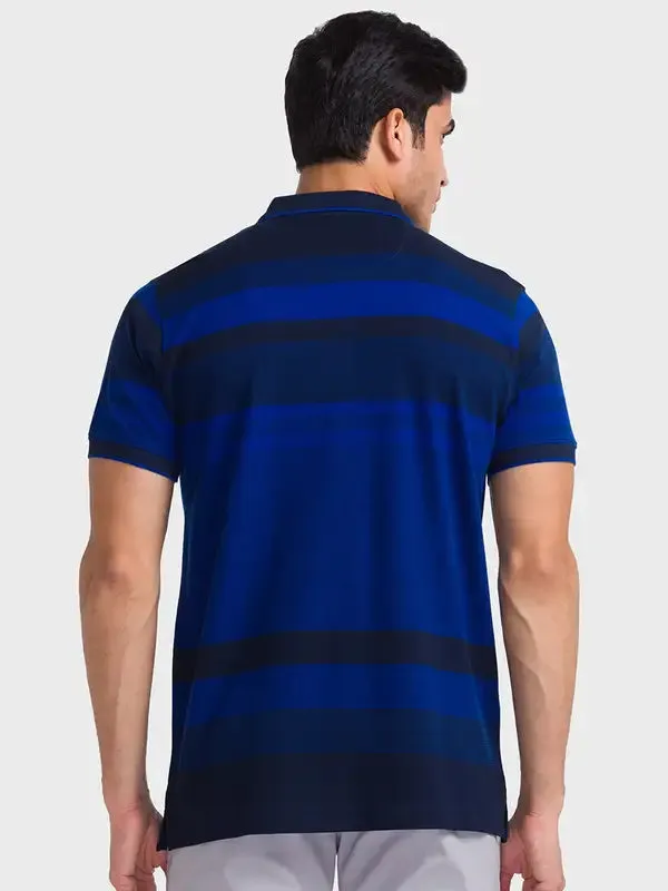 Men Blue Tailored Fit Jacquard Cotton Half Sleeve T-Shirt
