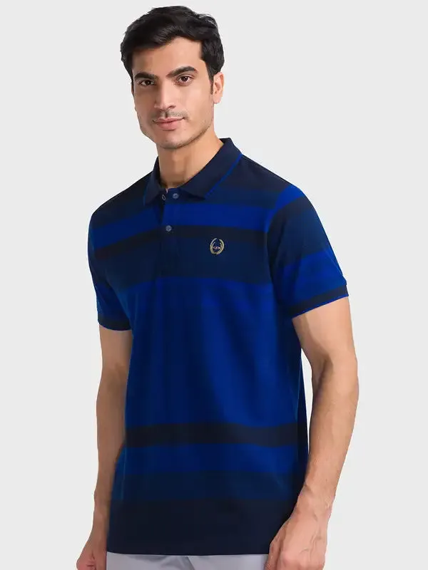 Men Blue Tailored Fit Jacquard Cotton Half Sleeve T-Shirt