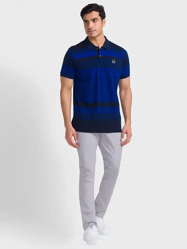 Men Blue Tailored Fit Jacquard Cotton Half Sleeve T-Shirt