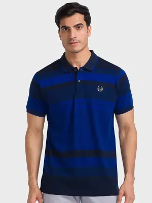Men Blue Tailored Fit Jacquard Cotton Half Sleeve T-Shirt