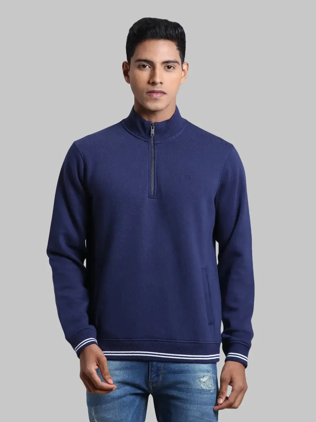Men Blue Tailored Fit Solid Cotton Full Sleeve Henley Neck Collar Sweatshirts