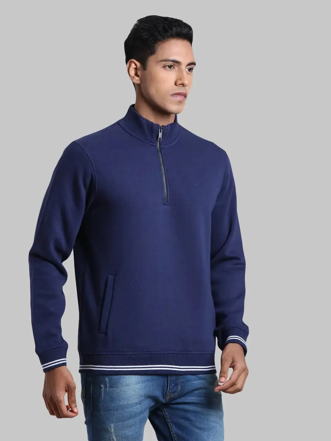 Men Blue Tailored Fit Solid Cotton Full Sleeve Henley Neck Collar Sweatshirts