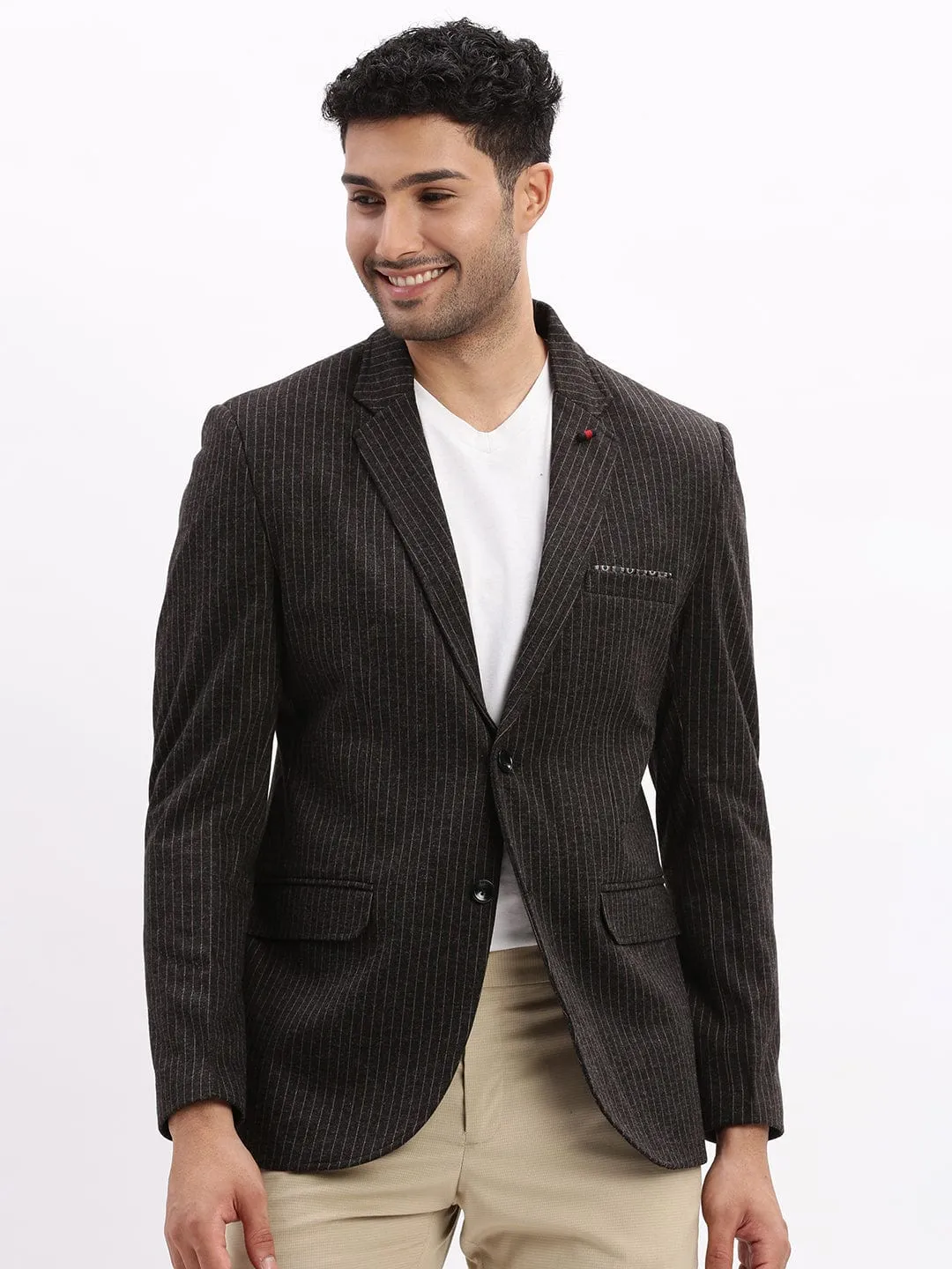 Men Charcoal Striped Slim-Fit Single Breasted Notched Lapel Collar Cotton Casual Blazer