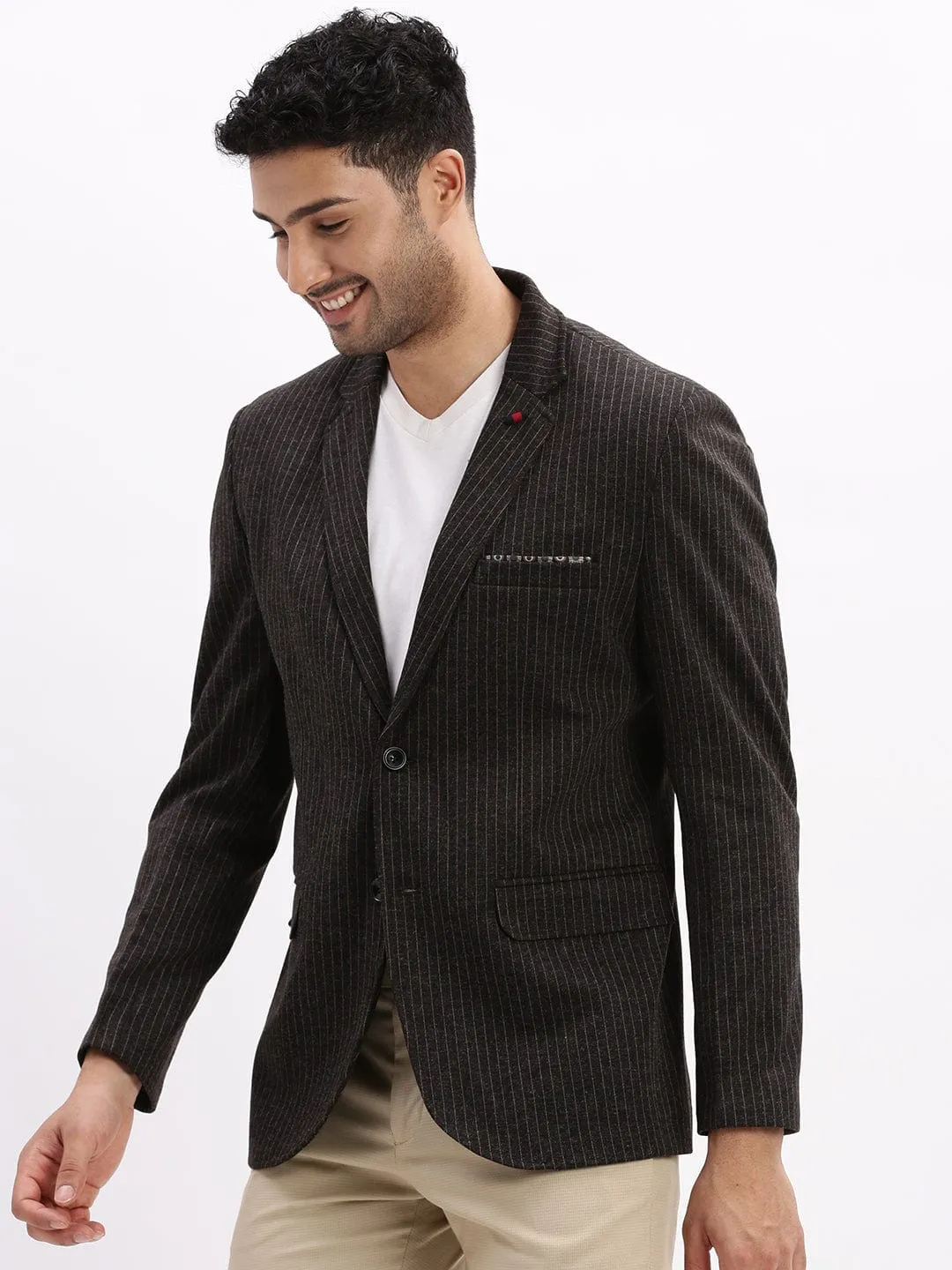 Men Charcoal Striped Slim-Fit Single Breasted Notched Lapel Collar Cotton Casual Blazer
