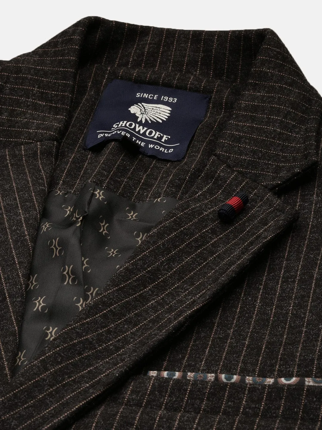 Men Charcoal Striped Slim-Fit Single Breasted Notched Lapel Collar Cotton Casual Blazer