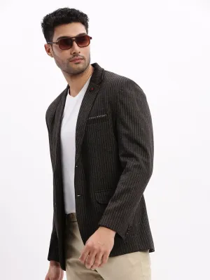 Men Charcoal Striped Slim-Fit Single Breasted Notched Lapel Collar Cotton Casual Blazer