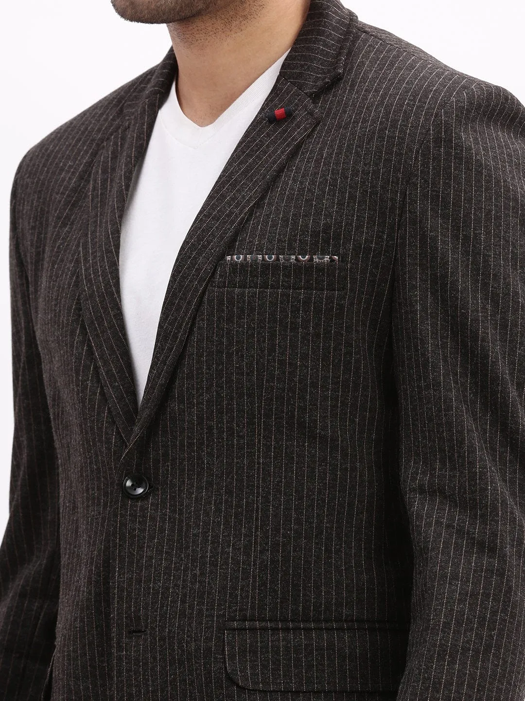 Men Charcoal Striped Slim-Fit Single Breasted Notched Lapel Collar Cotton Casual Blazer