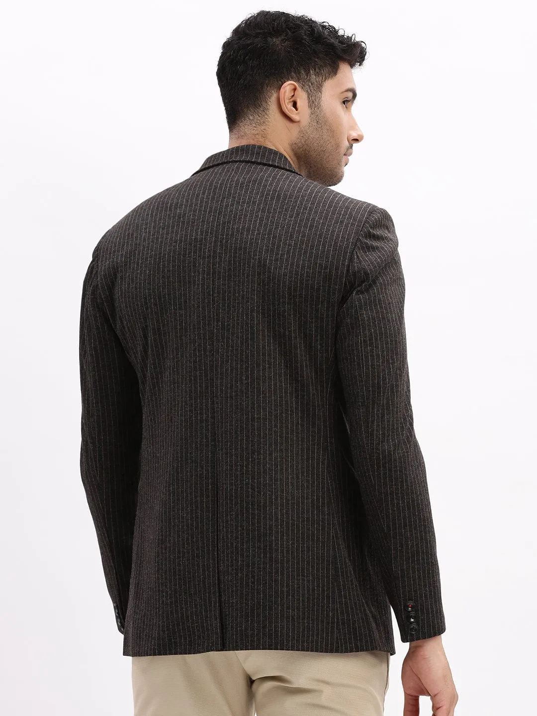 Men Charcoal Striped Slim-Fit Single Breasted Notched Lapel Collar Cotton Casual Blazer