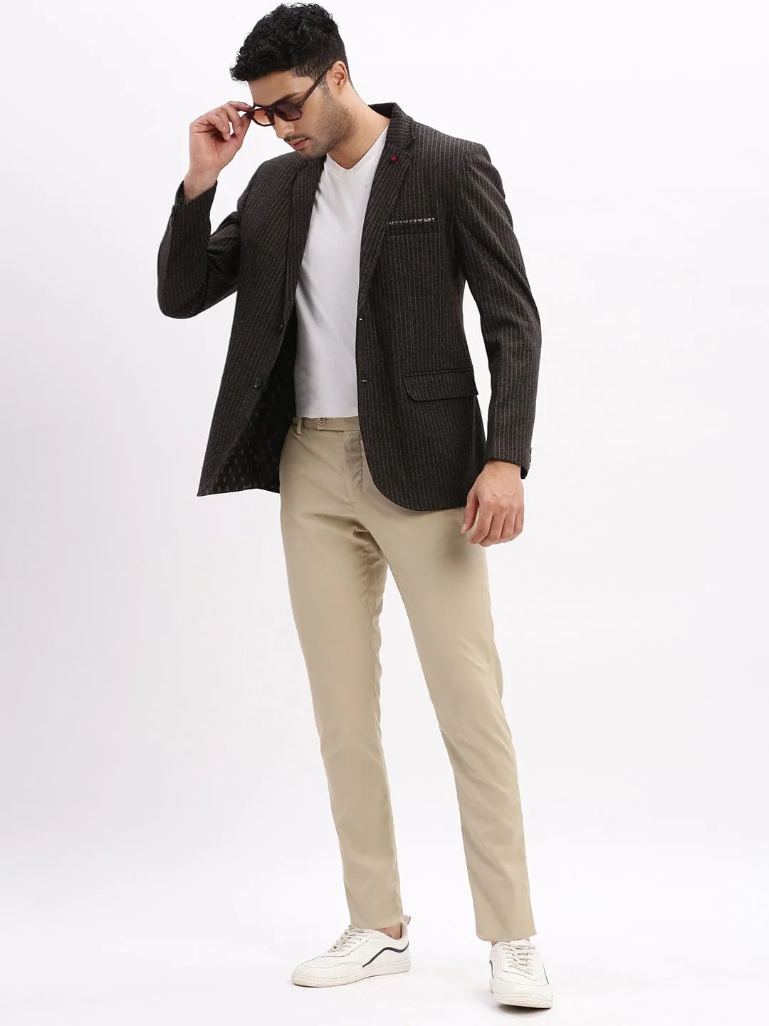 Men Charcoal Striped Slim-Fit Single Breasted Notched Lapel Collar Cotton Casual Blazer